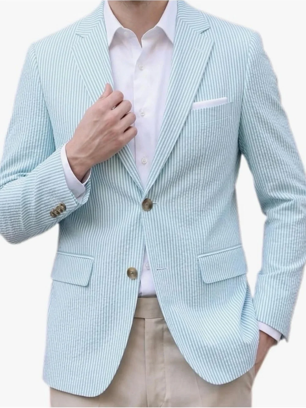 Men's Light Blue Seersucker Blazer - Slim Fit Summer Sport Coat 3XL